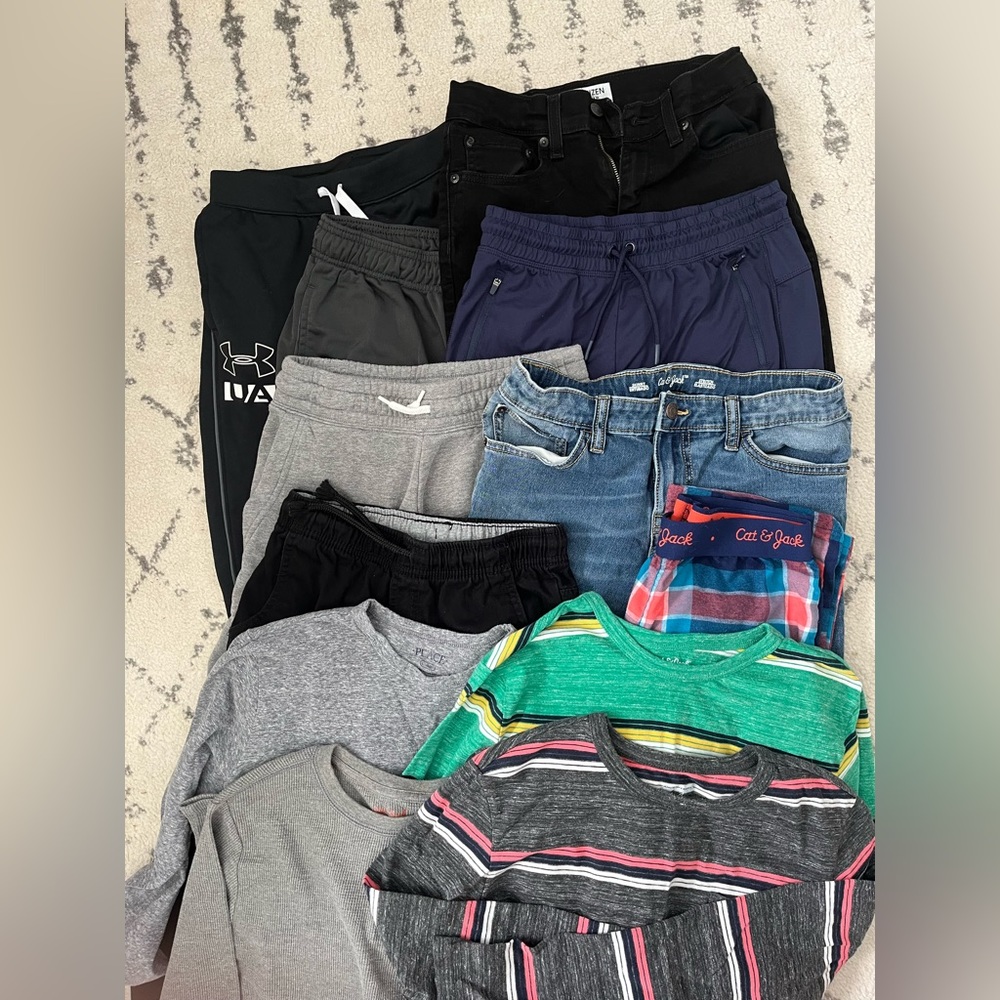 Large lot of boys pants and long sleeve shirts size range between 10/12-14/16